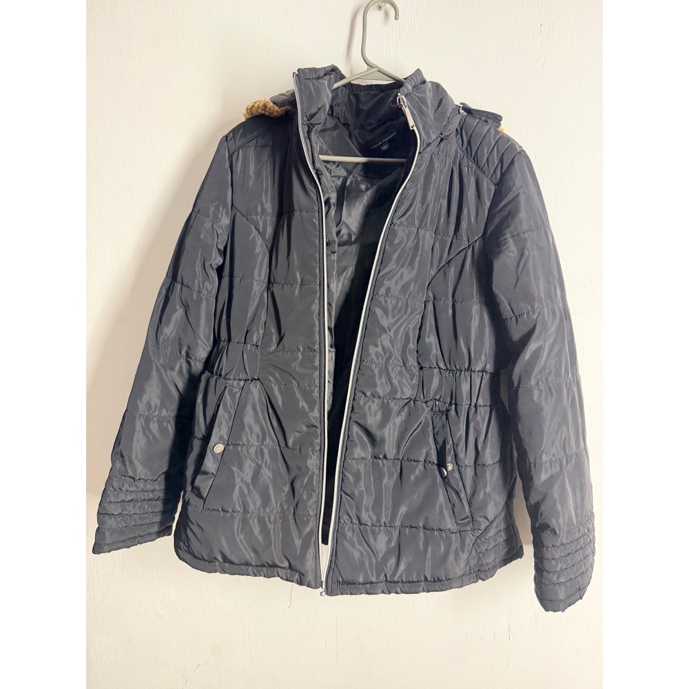 Harve Benard Women Black Puffer Jacket Faux Fur Hood Quilted Winter Coat Large
